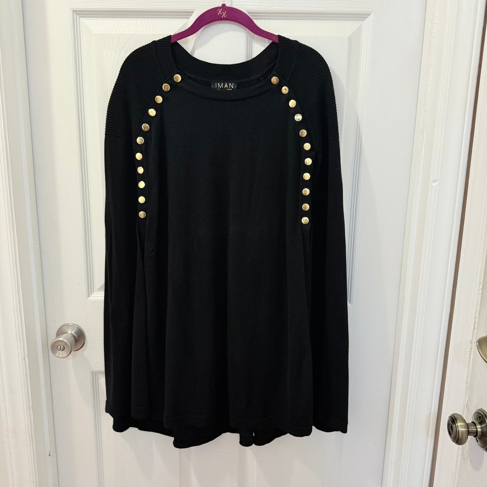 IMAN Global Chic 3X Black Touch of Gold Studded‎ Ribbed Knit Draped Luxe Poncho